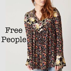 Free People Wild Flowers Bell Sleeve Henley Tunic Top Size Small